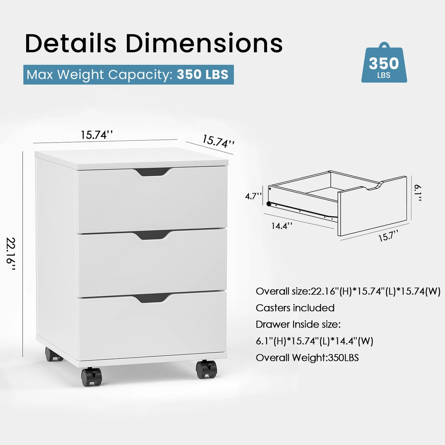 Farini 3-Drawer Under Desk Wooden File Cabinet with Lockable Caster Storage Cabinets for Home Office,White,Required Assembly