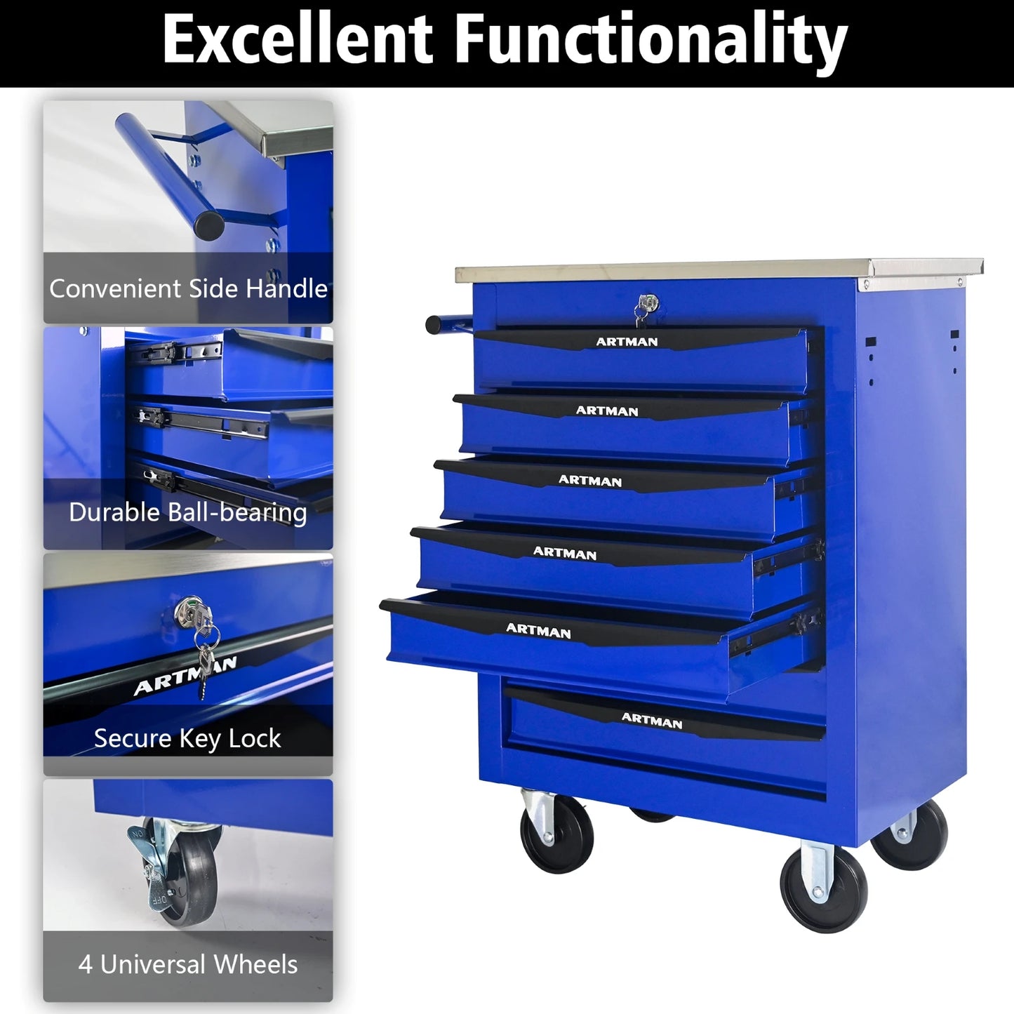 ARTMAN 7-Drawer Wheeled Toolbox Trolley With Lock And Key