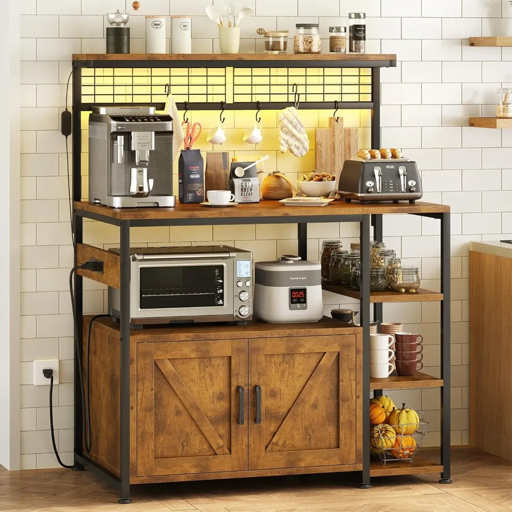 Bakers Rack With Power Outlet LED Light Microwave Stand