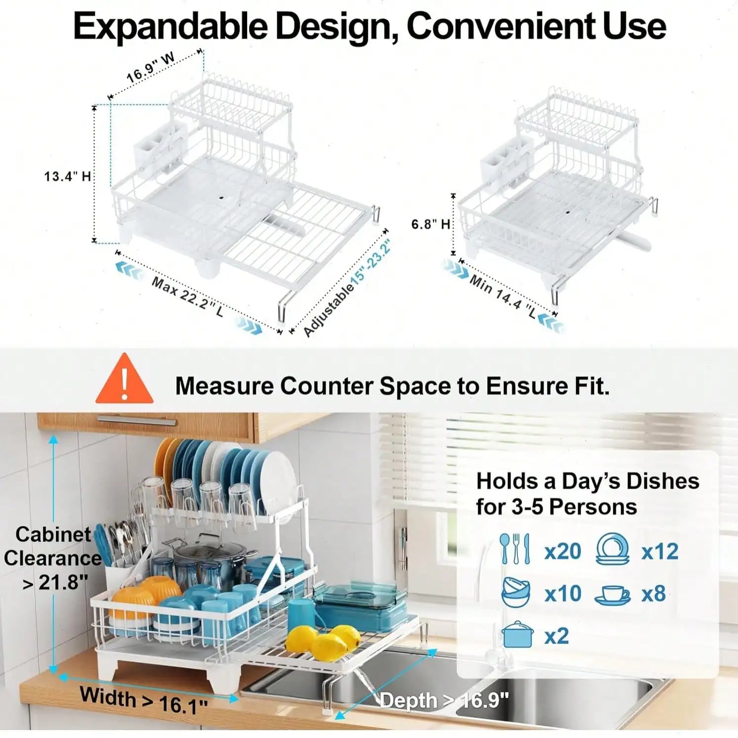 BCWW Kitchen Utensil Drying Rack With Drainage Tray, 2 Tier Detachable Dish Rack For Kitchen Counter, Large Capacity Dish Draine