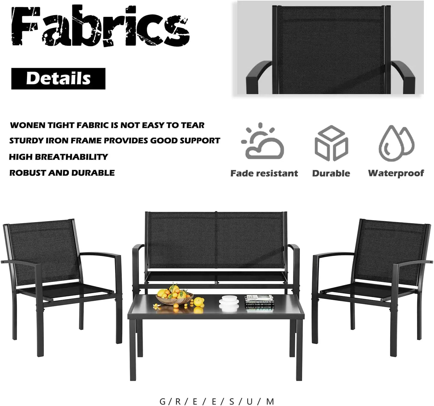 4 Pieces Patio Furniture Set, Outdoor Conversation Sets for Patio, Lawn, Garden, Poolside with A Glass Coffee Table