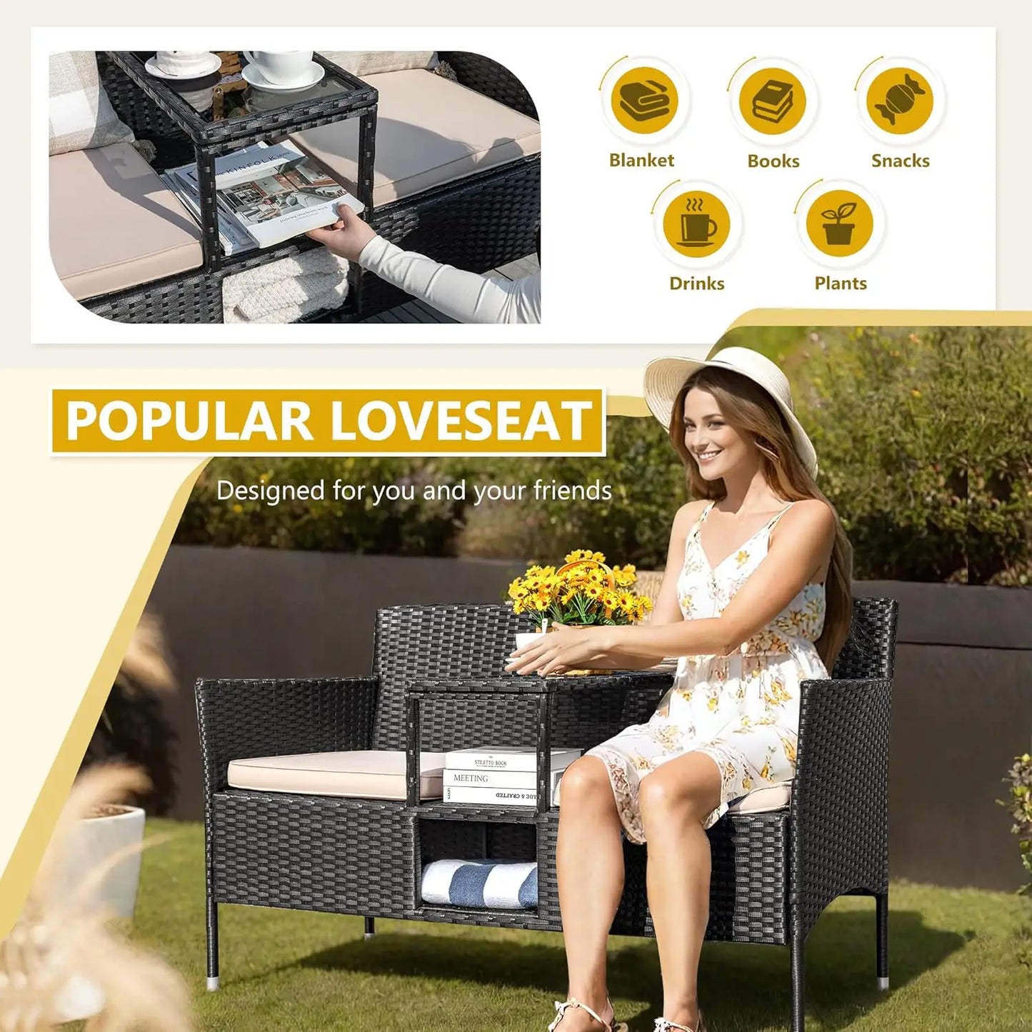 Outdoor Patio Loveseat Modern Rattan Two Seat Conversation Set With Cushions