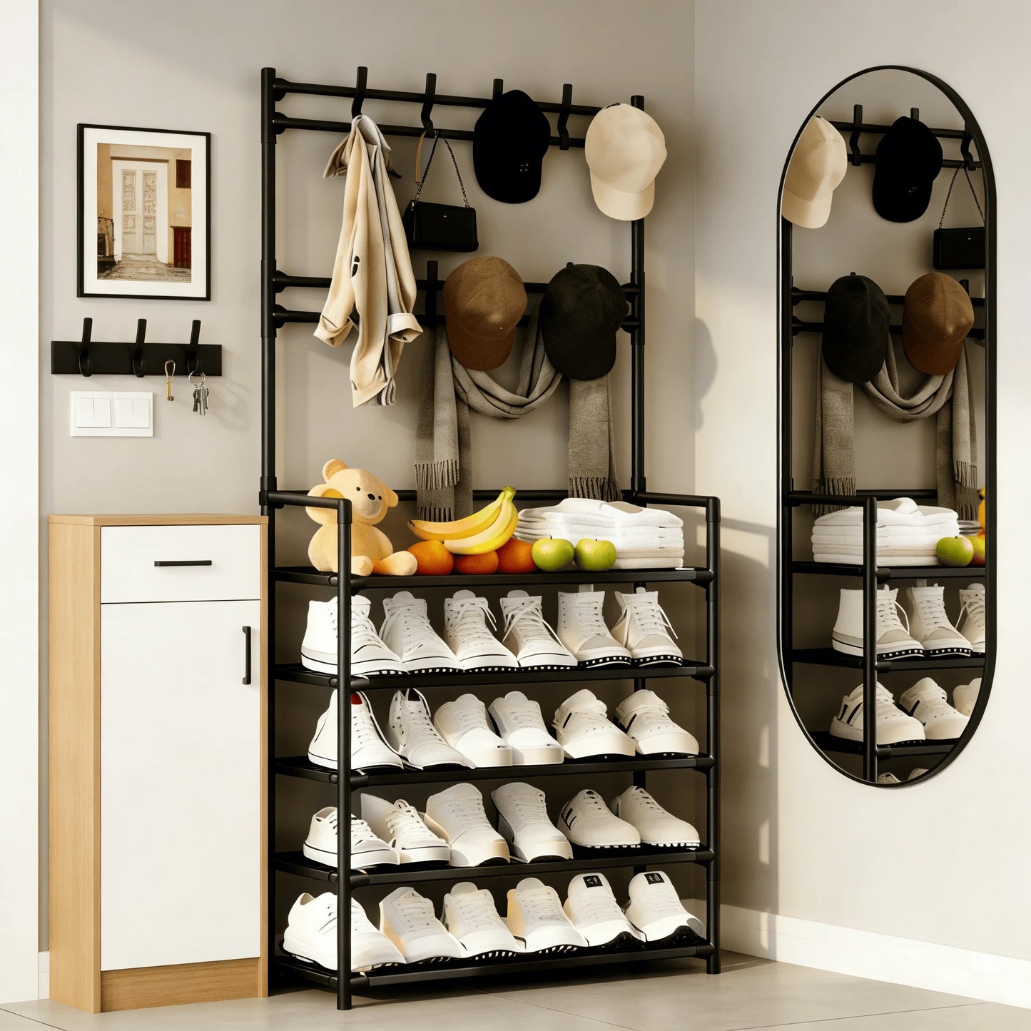 Five Tier Floor Shoe Rack Featuring Coat And Hat Hooks