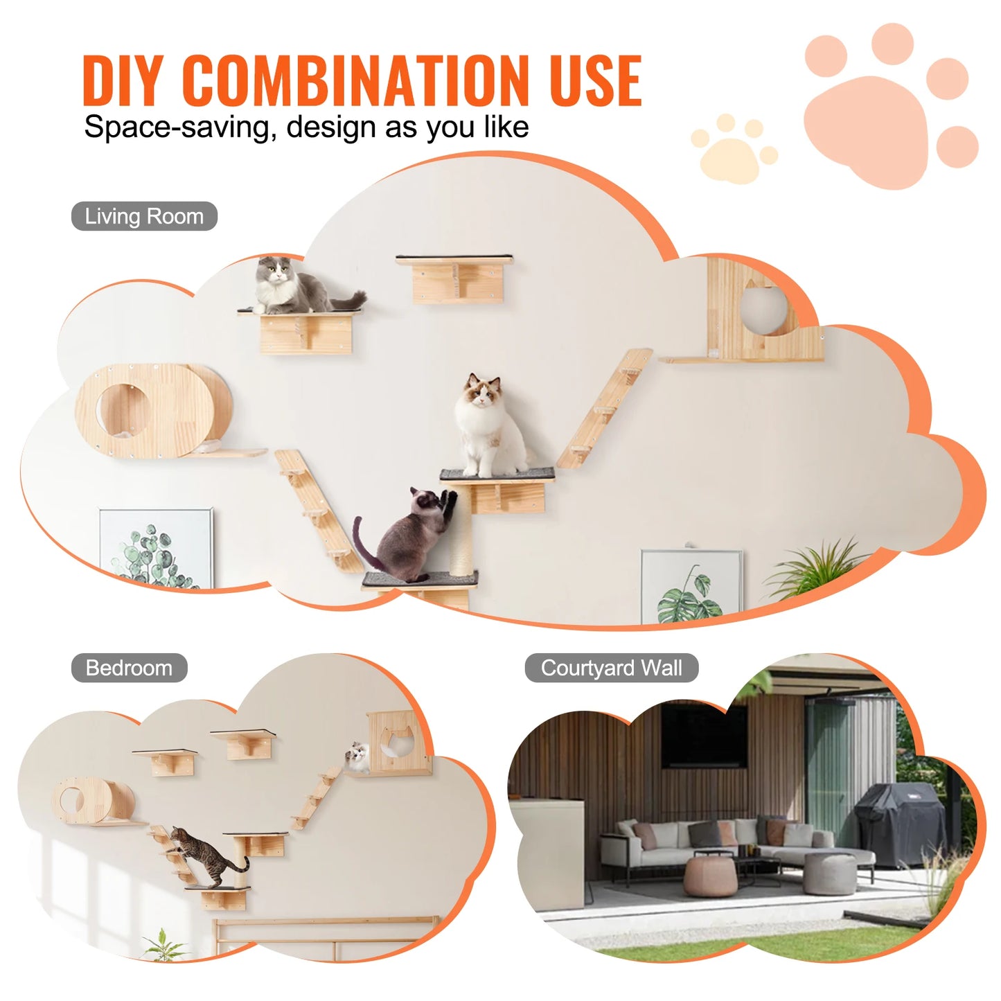 SucceBuy Wall Mounted Cat Shelves and Perches with Jumping Boards