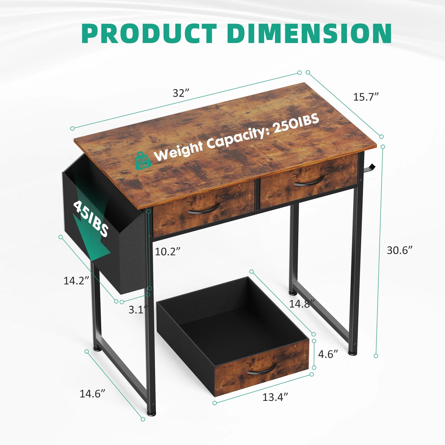 JHK Modern Office Desk With Fabric Drawers And Metal Frame