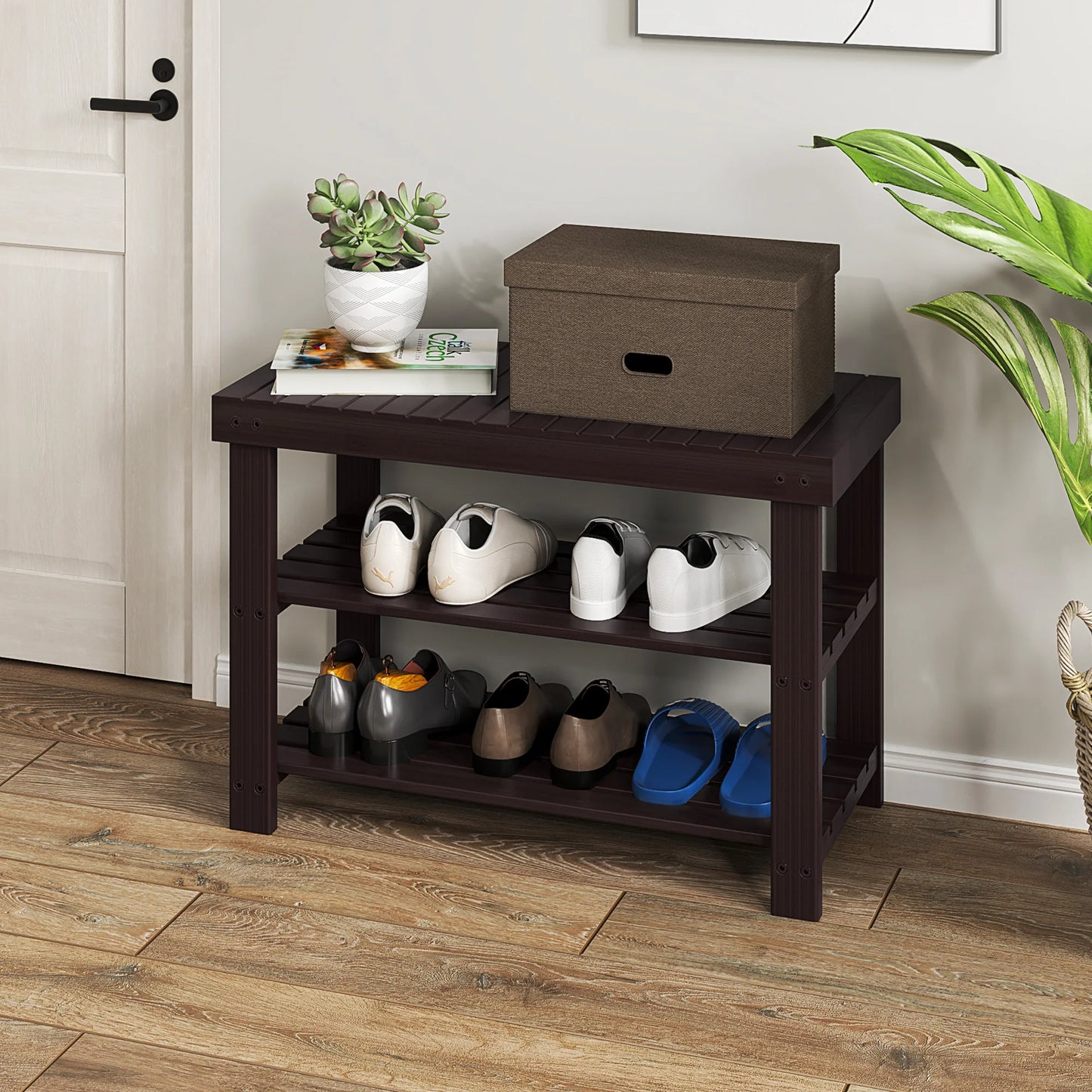 JHK 3-Tier Bamboo Entryway Bench Shoe Storage Organizer