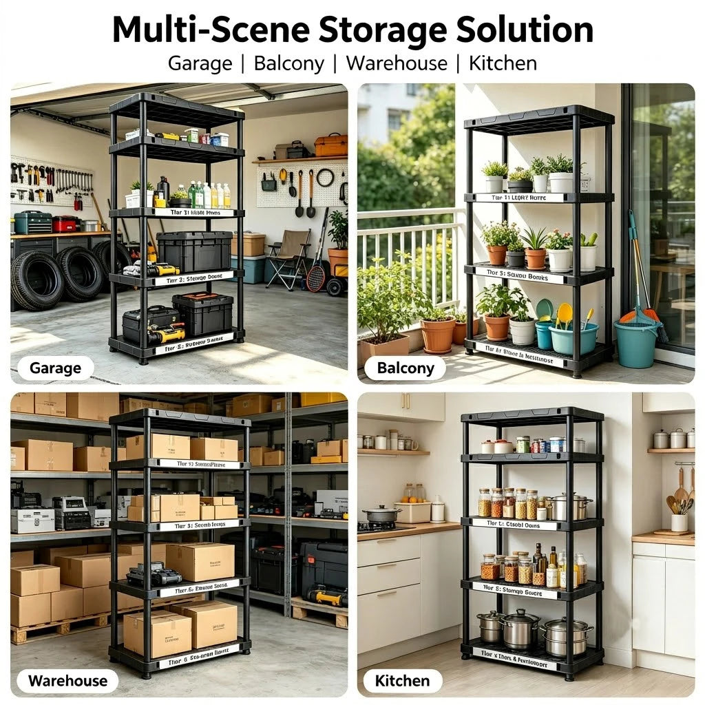 Plastic Storage Shelving Unit Four And Five Tier Heavy Duty Utility Rack
