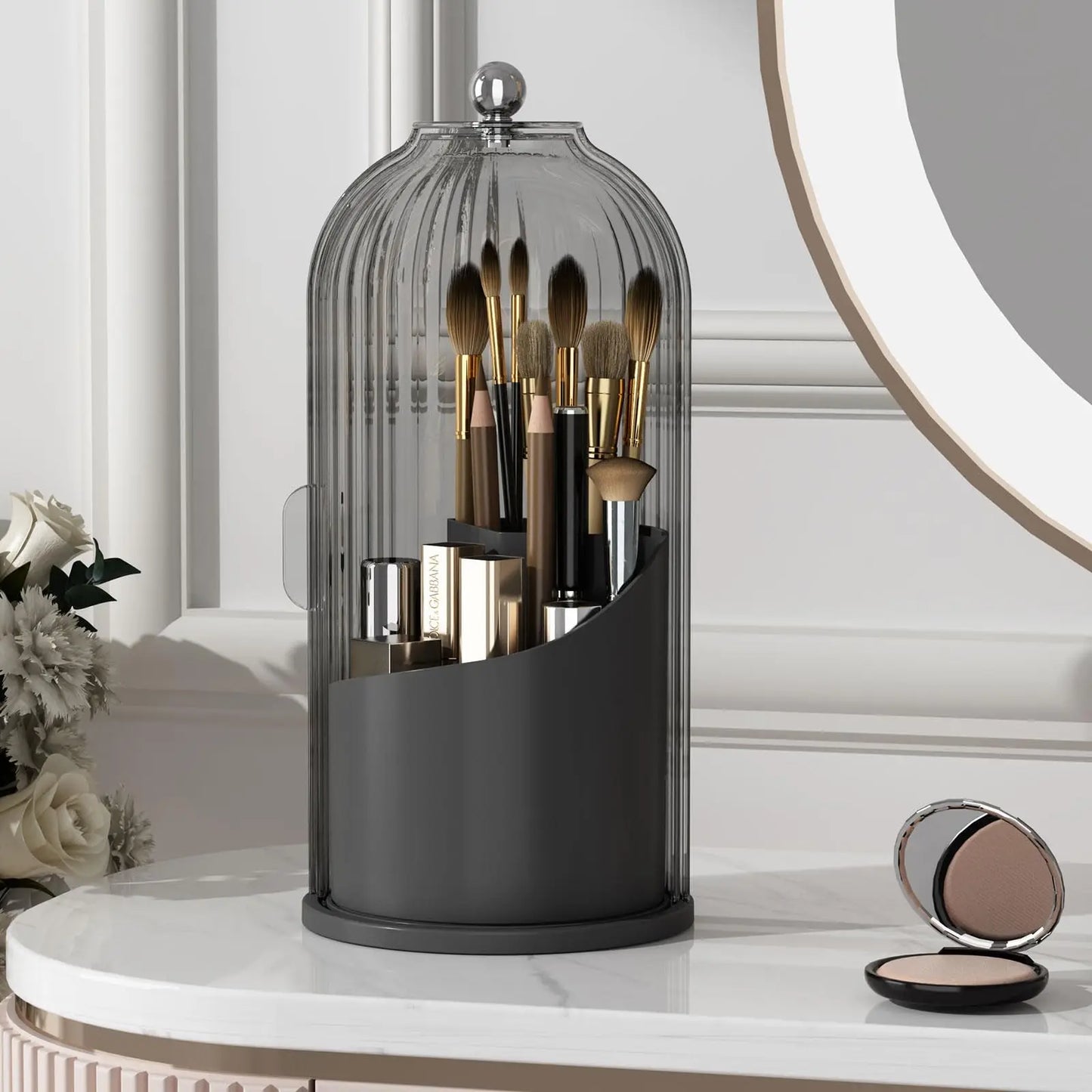 Rotating Makeup Brush Organizer With Dustproof Lid For Vanity Table