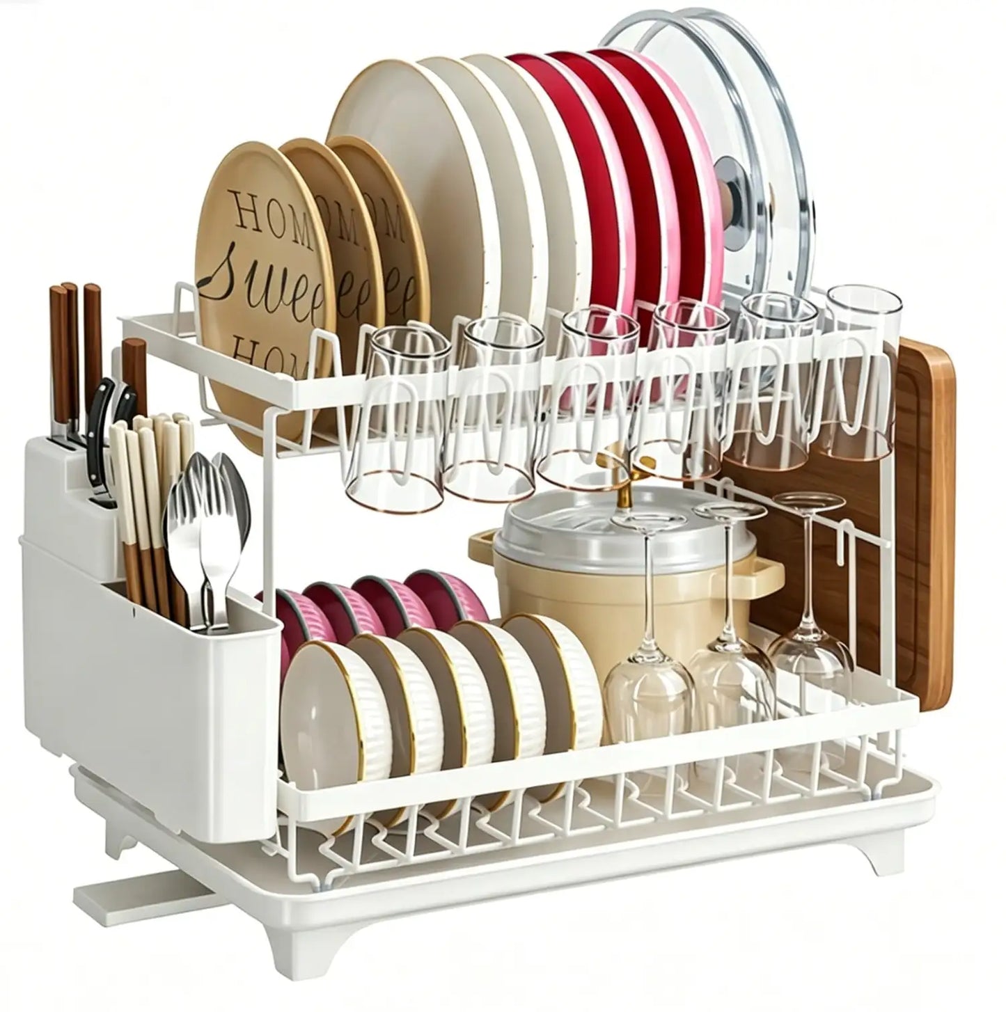 Dish Drying Rack, 2 Tier Large Dish Drying Rack For Kitchen Counter With Drainboard Stainless Steel Dish Drainer For Dish/Knifes