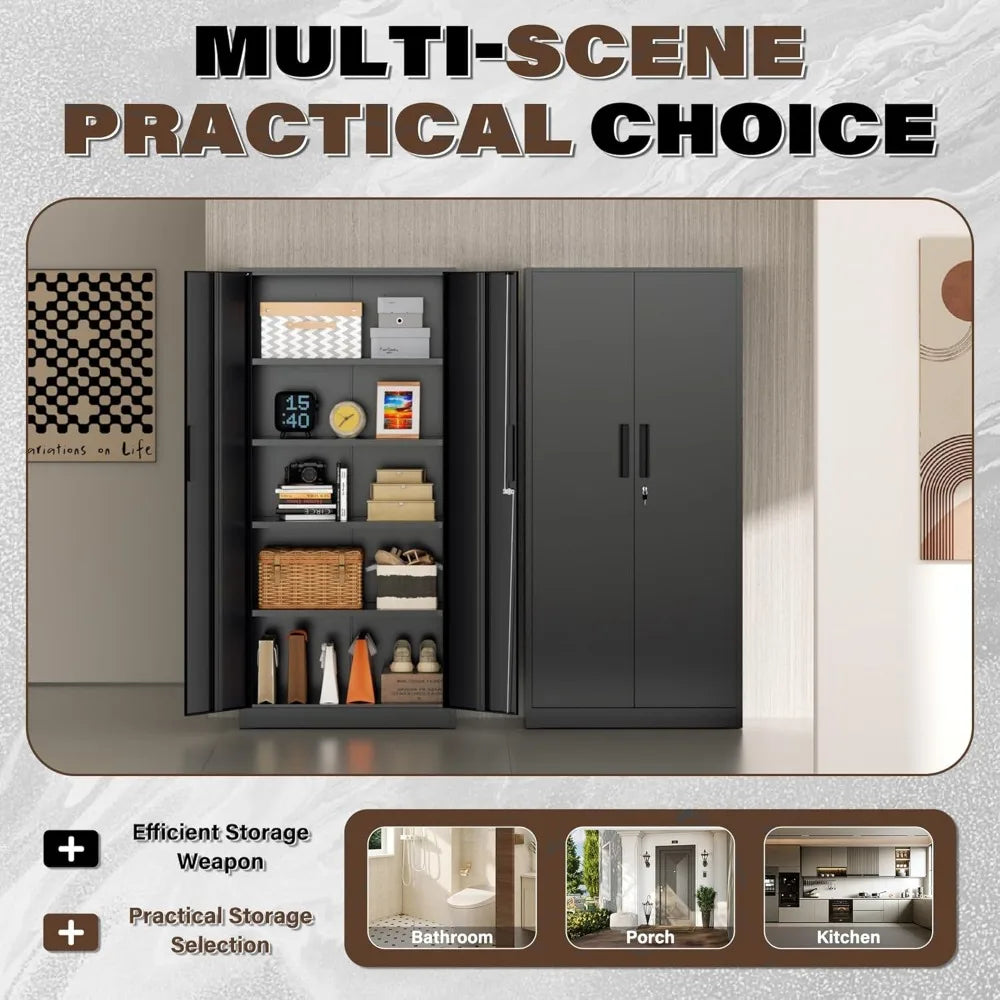 Metal Tall Storage Cabinet With Lockable Doors For Garage Organization