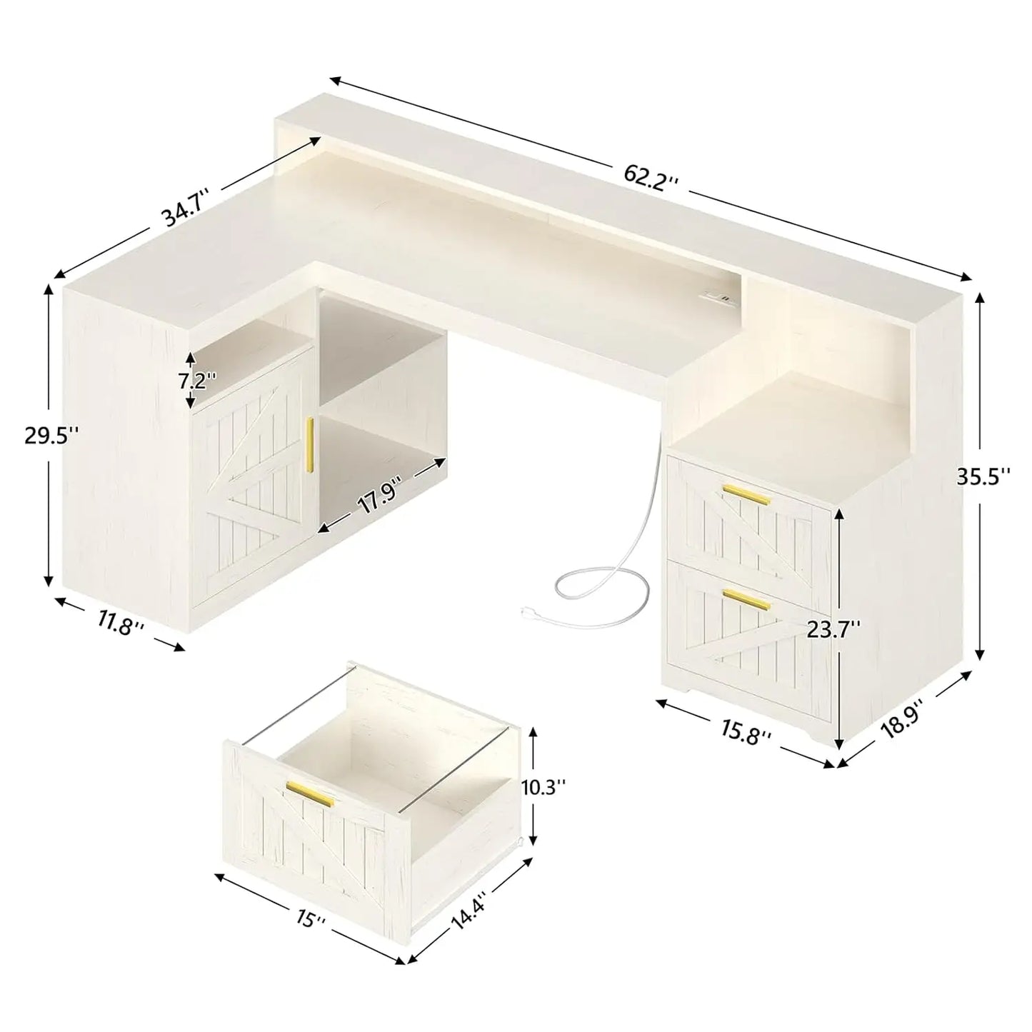 Farmhouse L Shaped Desk With Drawers And Power Outlet