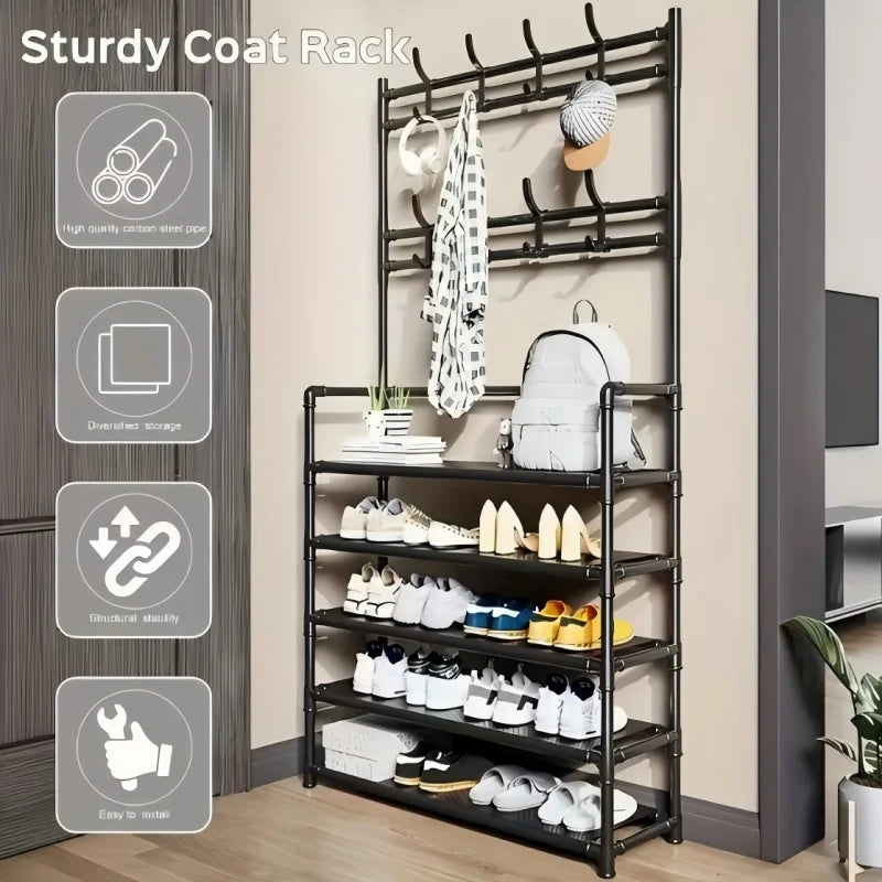 Five Tier Floor Shoe Rack Featuring Coat And Hat Hooks