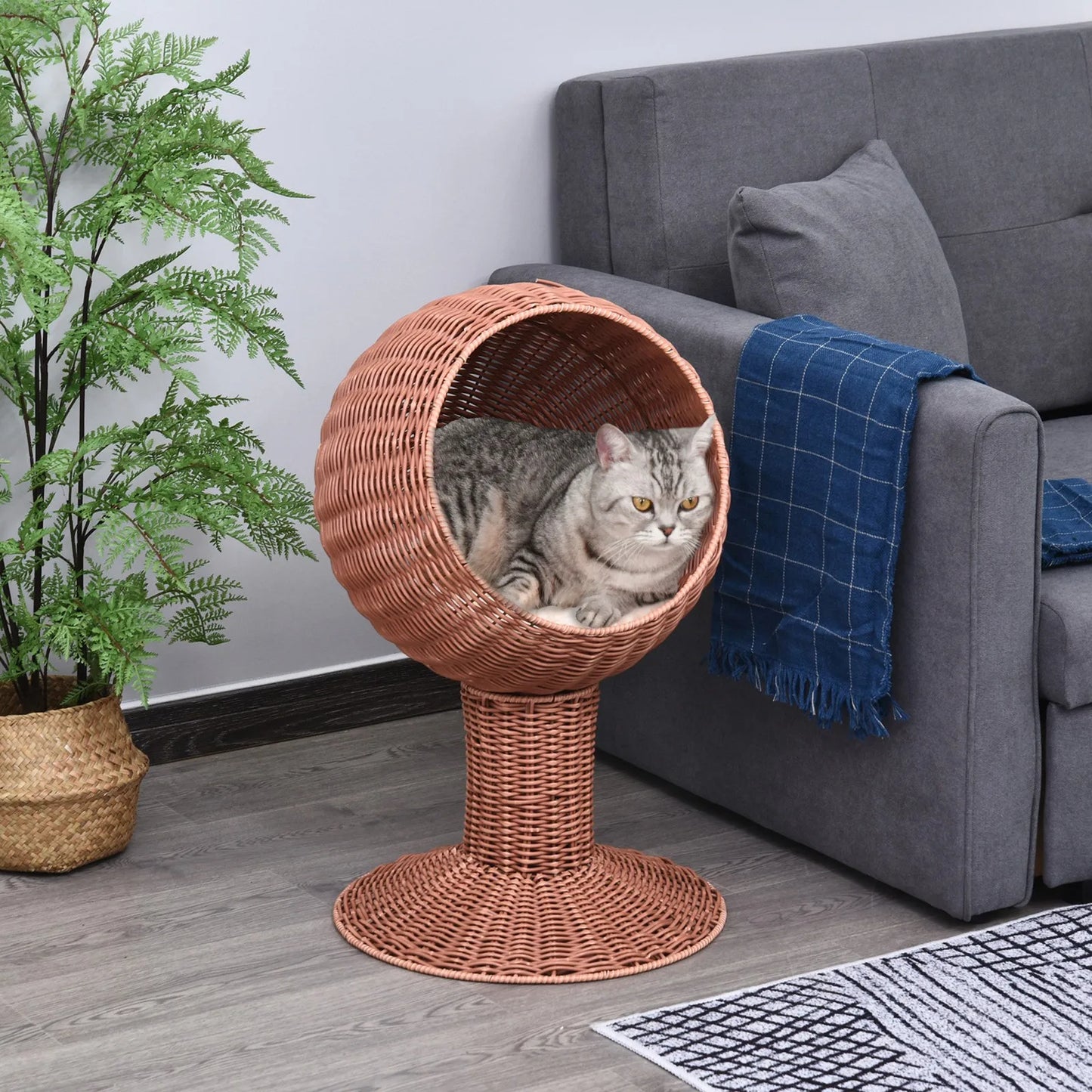 27" Rattan Wicker Elevated Pet Bed Cat Cave Condo Hooded Cushion Scratch House