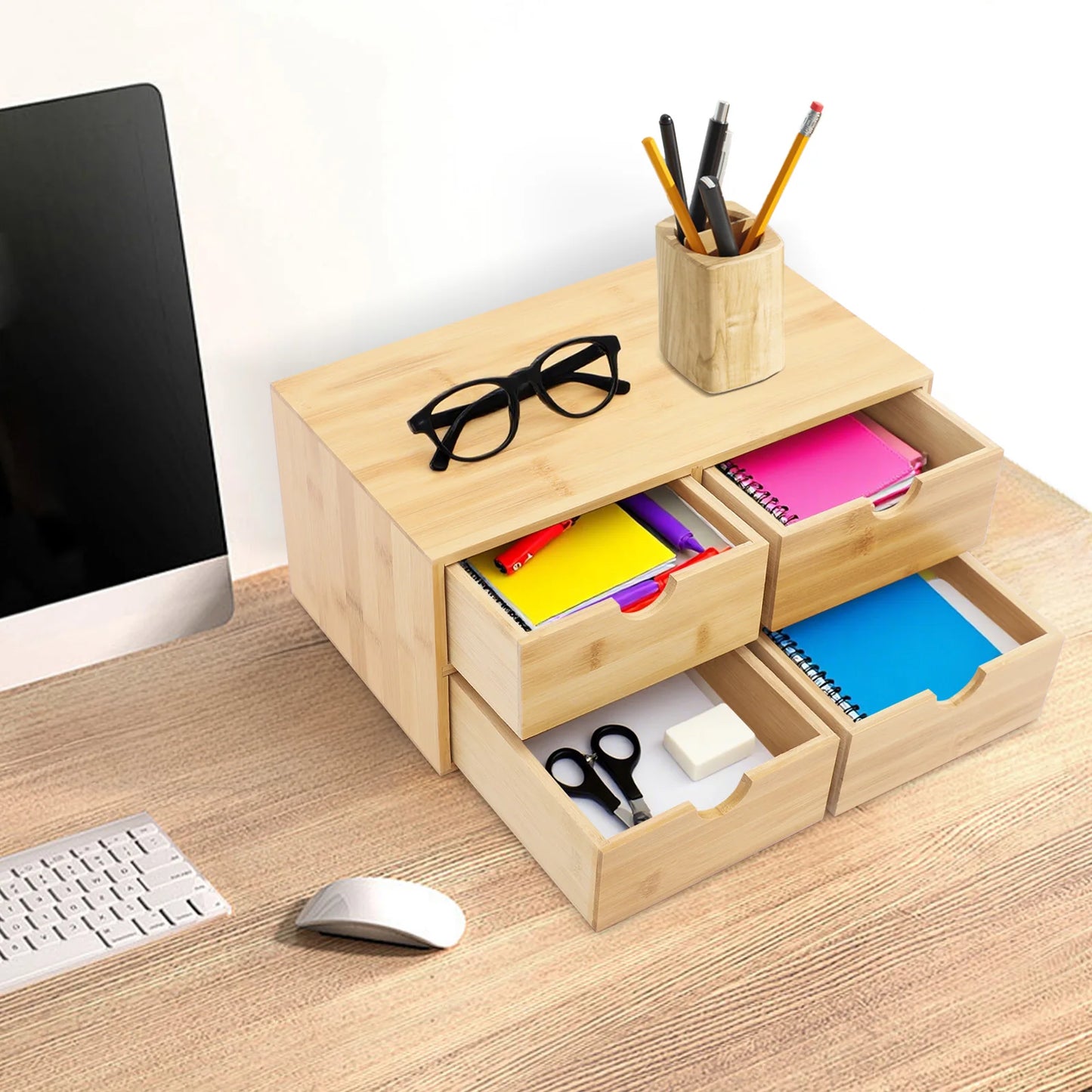 Bymaocar Bamboo 4 Drawer Desktop Organizer for Home Office