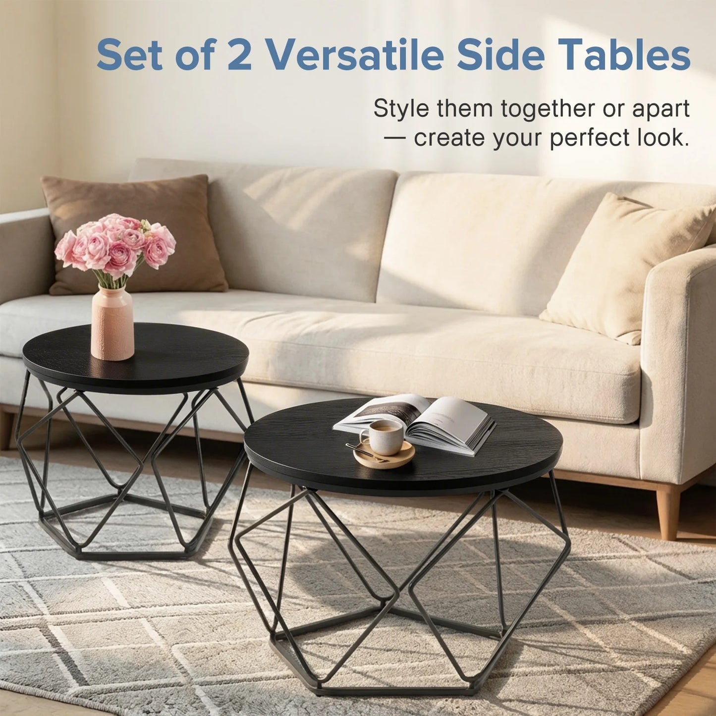 JHK Round Geometric Metal Coffee Table Set For Living Room
