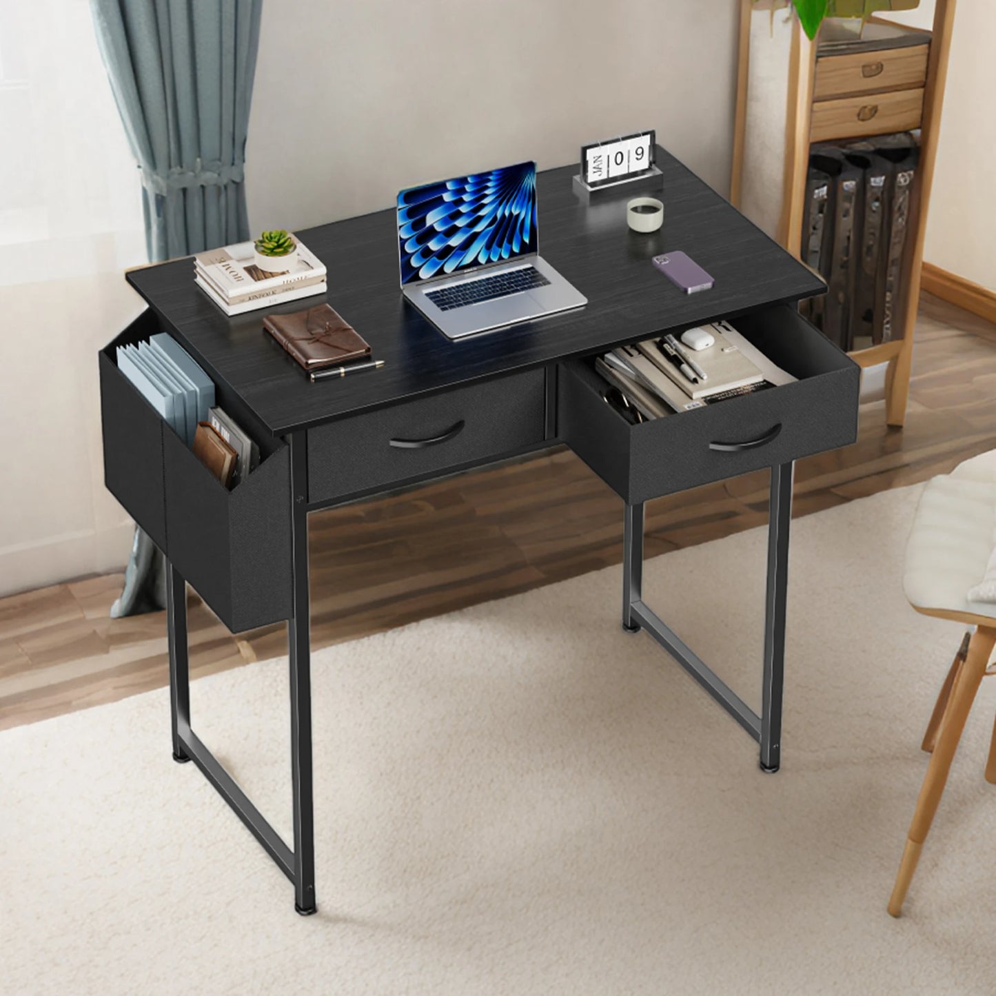 JHK Modern Office Desk With Fabric Drawers And Metal Frame