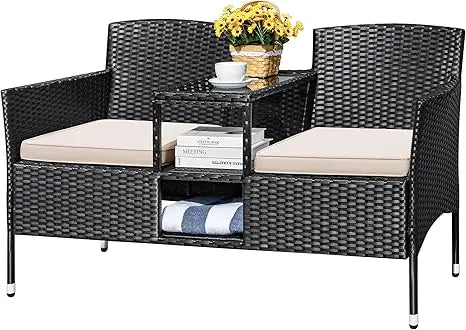 Outdoor Patio Loveseat Modern Rattan Two Seat Conversation Set With Cushions