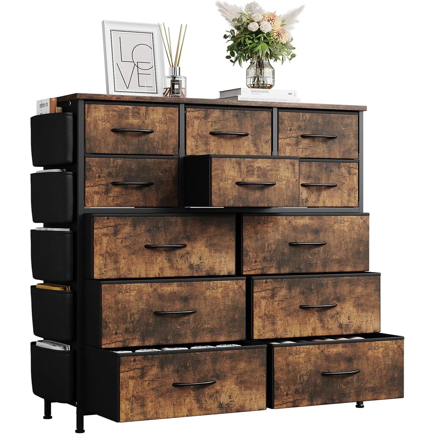 12 Drawers Fabric Tall Dresser for Closet Steel Frame Chest of Drawers Storage Organizer Cupboard for Bedroom Living Room