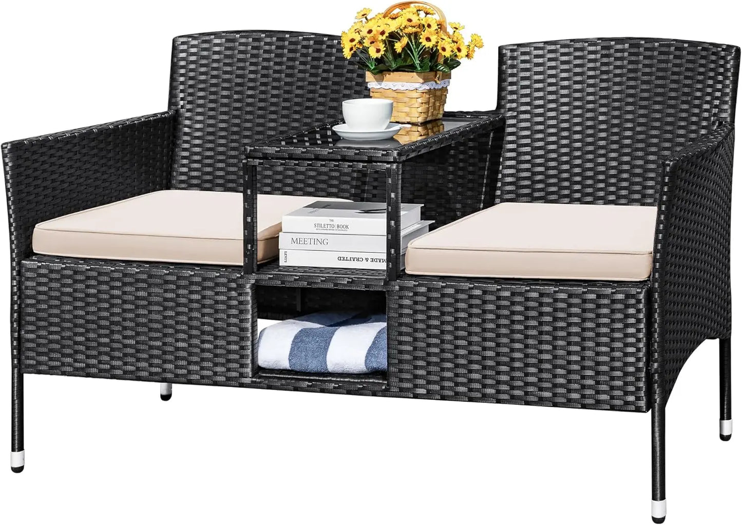 Outdoor Patio Loveseat Modern Rattan Two Seat Conversation Set With Cushions
