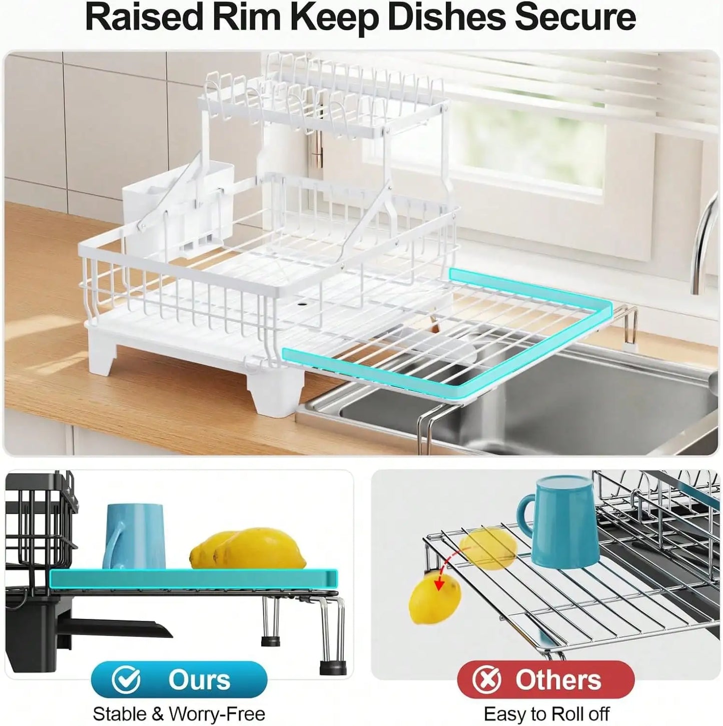 BCWW Kitchen Utensil Drying Rack With Drainage Tray, 2 Tier Detachable Dish Rack For Kitchen Counter, Large Capacity Dish Draine