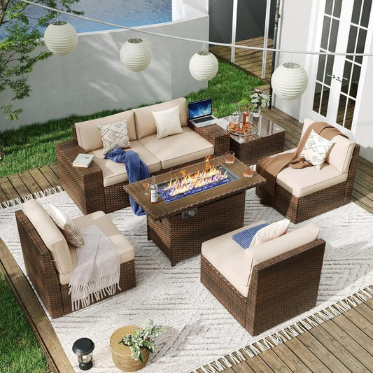 Outdoor 7 Piece Patio Set With Fire Pit Table Cushions