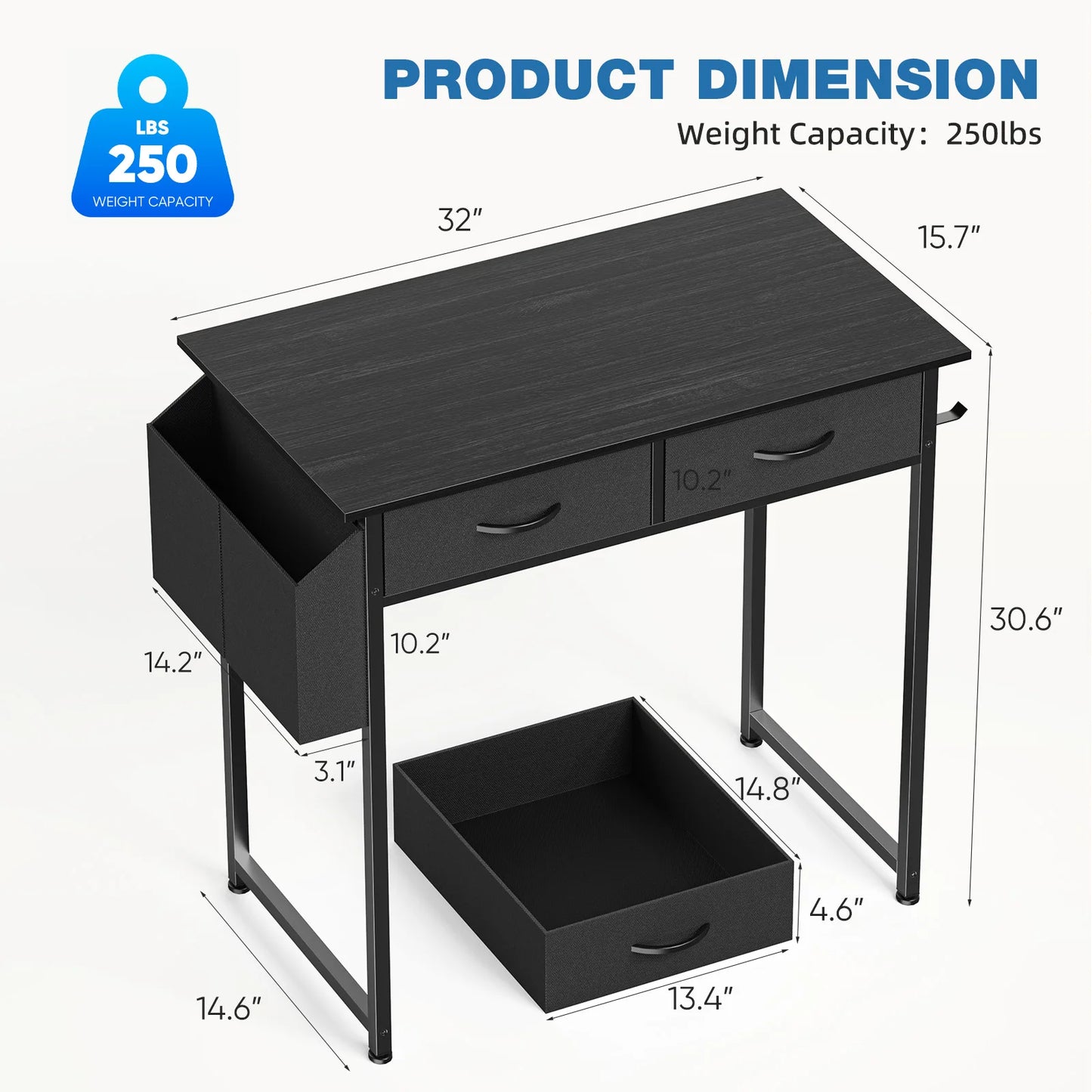 JHK Modern Office Desk With Fabric Drawers And Metal Frame