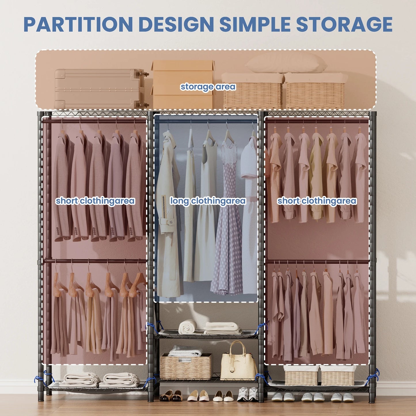 Portable Closet Storage Wardrobe Large DIY Household Non-Woven Fabric Cover Adjustable Bottom Height Portable Closet Organizer