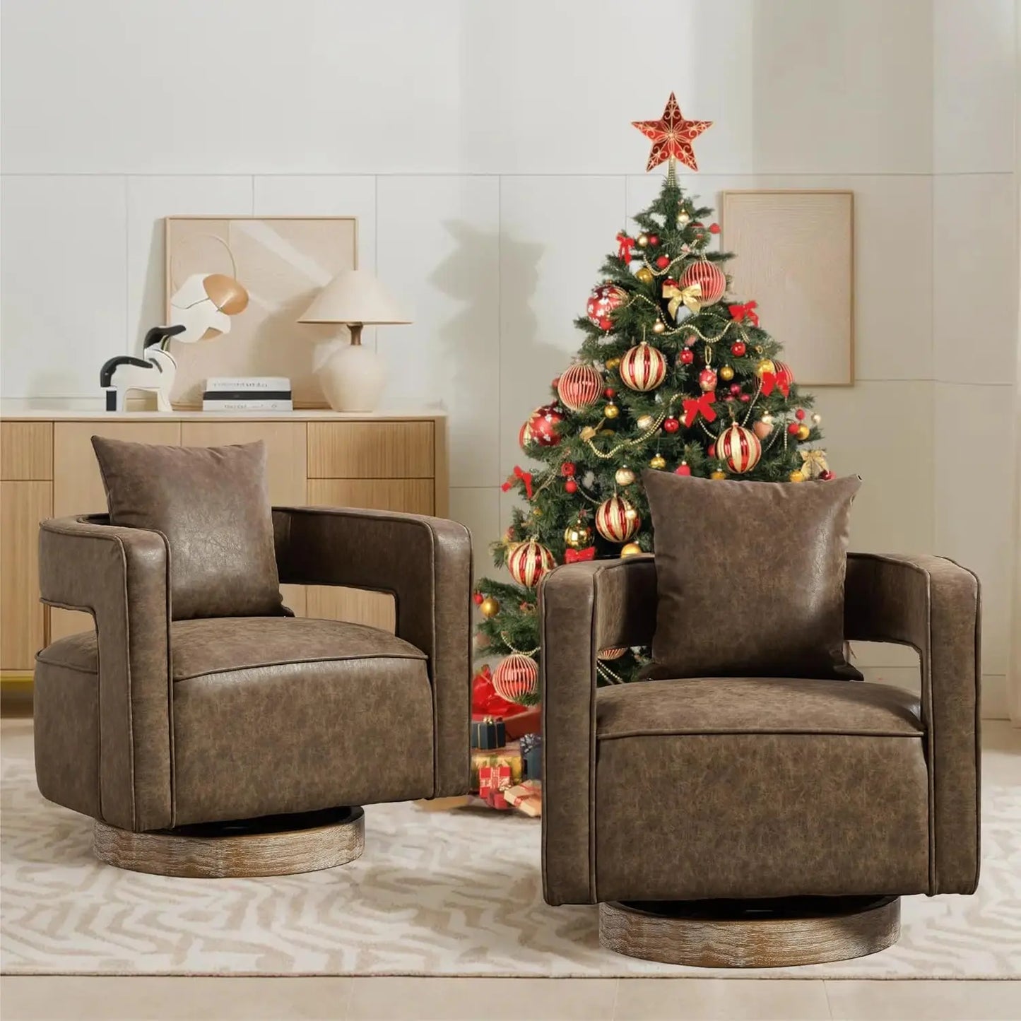 Upholstered Swivel Accent Chair Set Open Back Barrel Chairs