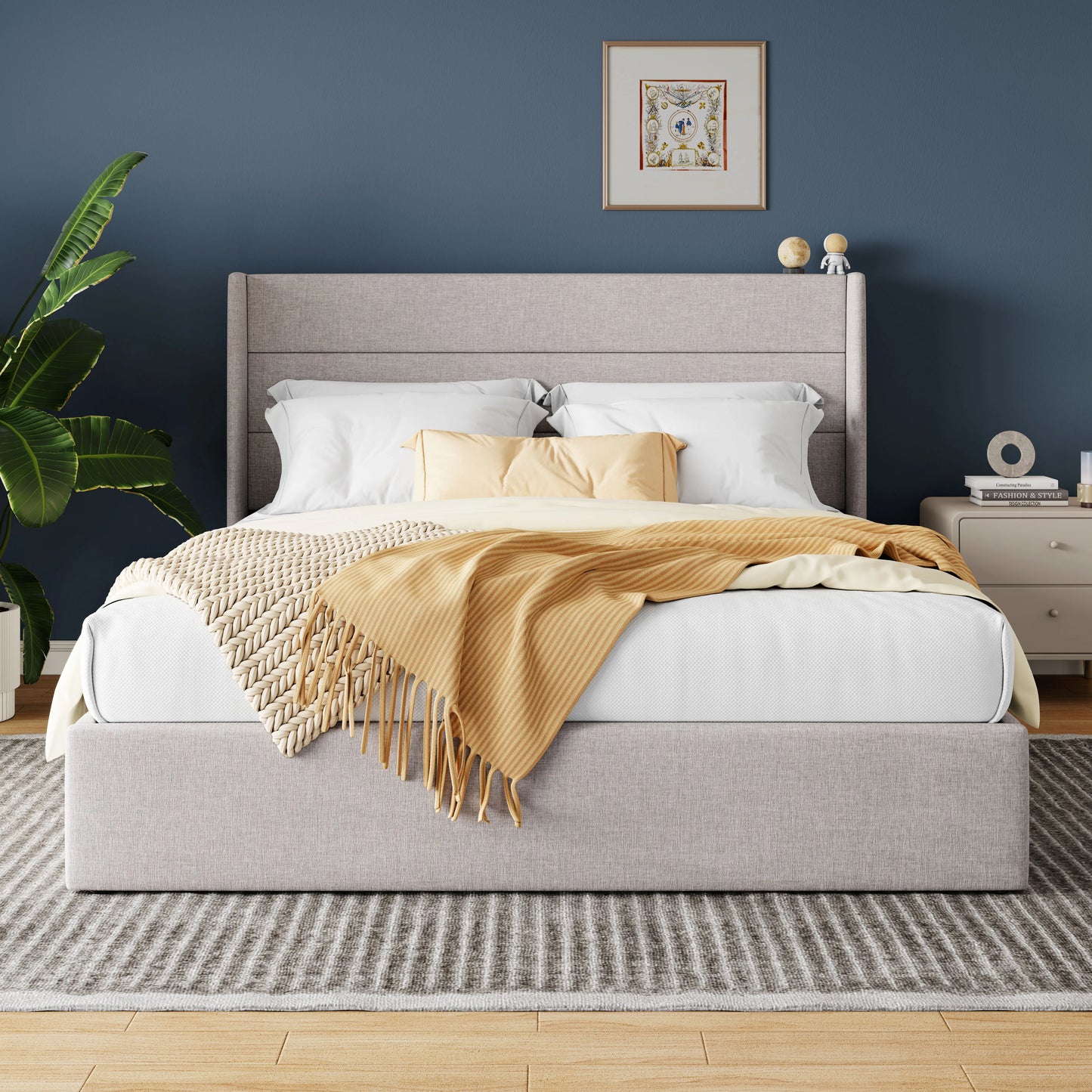 HOOMIC Lift Up Storage Bed With Wingback Headboard And Hydraulic
