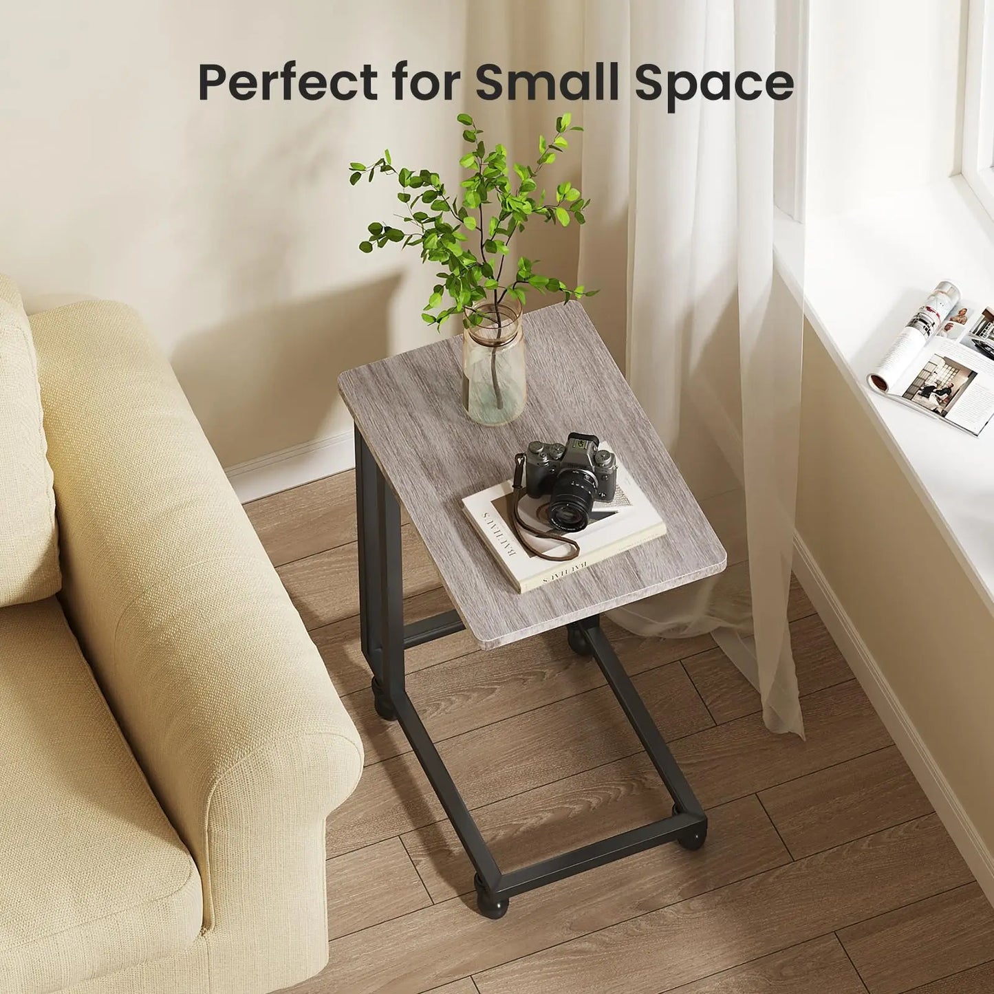 JHK Wood Sofa Table Overbed Bedside Desk With Rolling Wheels Metal Frame