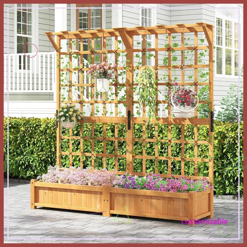 71" Raised Garden Bed with Trellis, Wood Planter Container w/2 Hanging Roof & Boxes, 4 Drainage Holes, Removable Bottom Plate