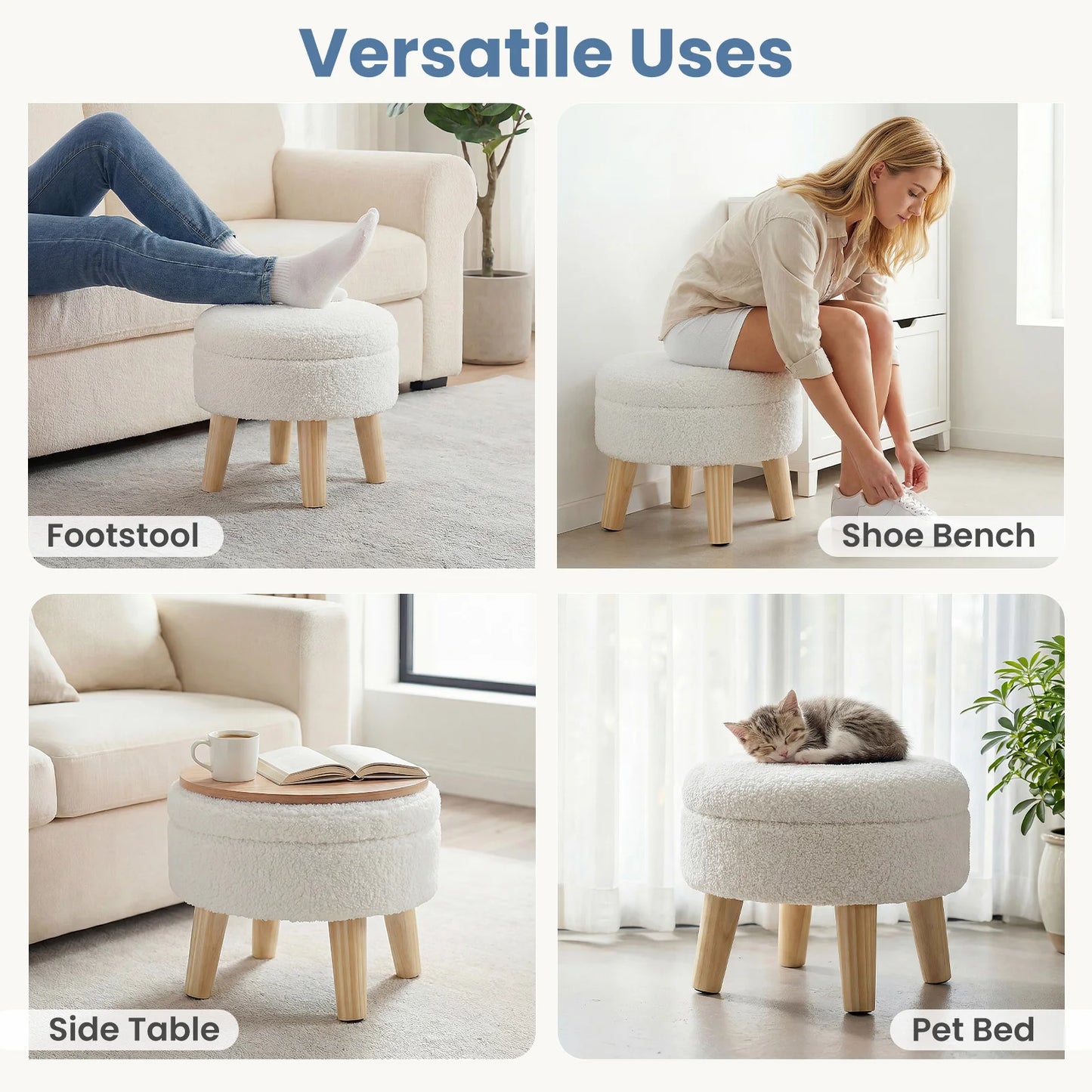 JHK Round Velvet Ottoman With Hidden Storage And Padded Seat