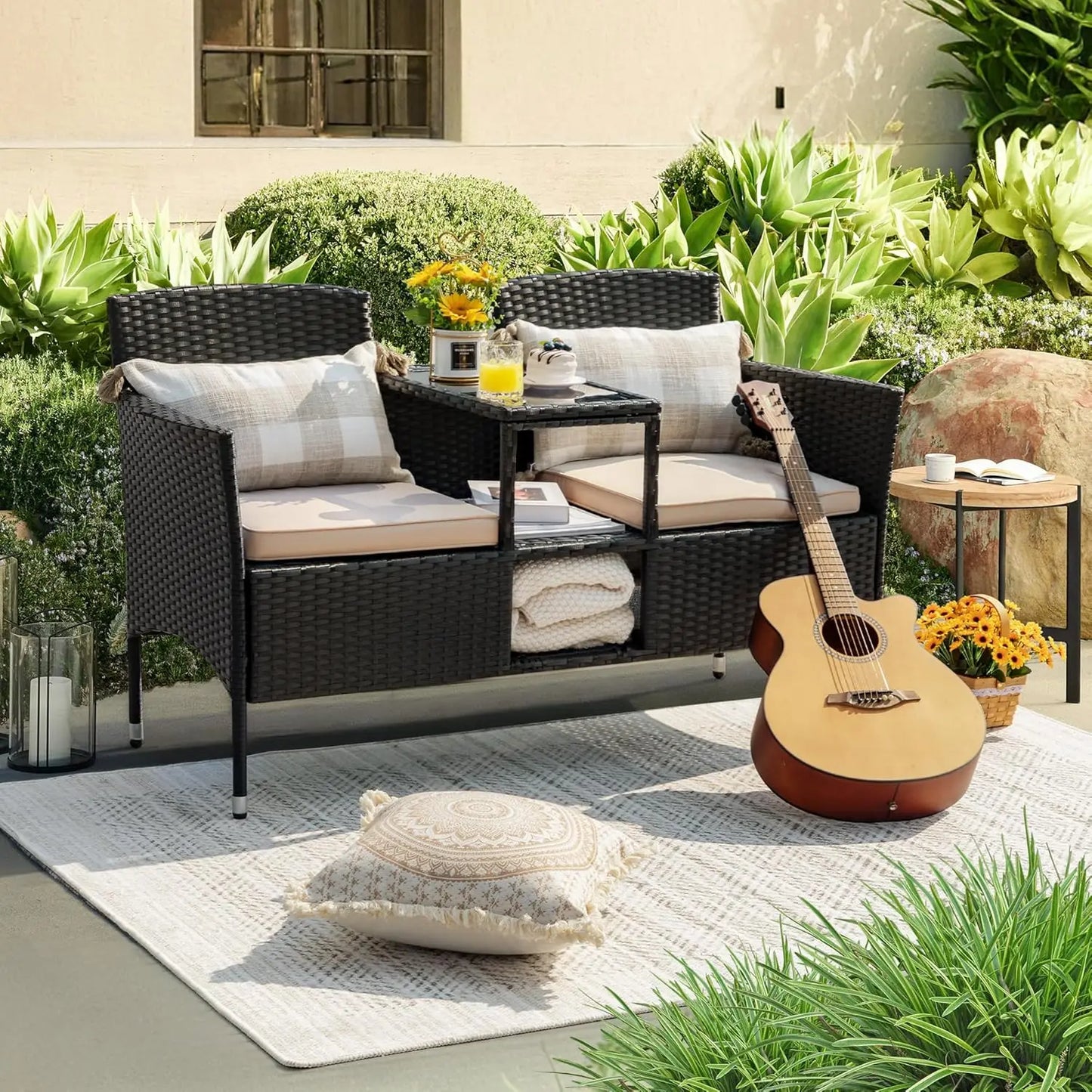 Outdoor Patio Loveseat Modern Rattan Two Seat Conversation Set With Cushions