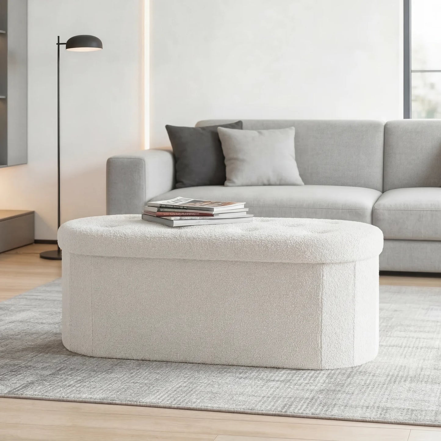 JHK Folding Storage Ottoman Bench With Teddy Fabric