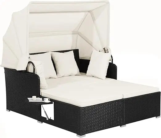 Patio Rattan Daybed Wicker Lounger With Retractable Canopy Cushions