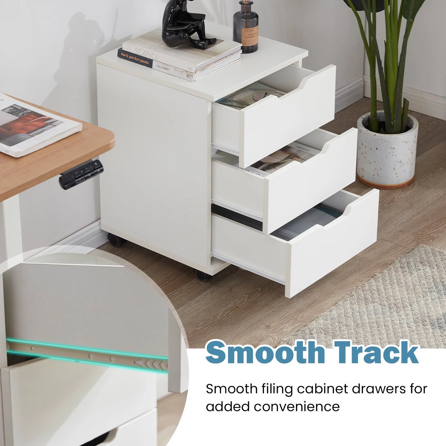 Farini 3-Drawer Under Desk Wooden File Cabinet with Lockable Caster Storage Cabinets for Home Office,White,Required Assembly