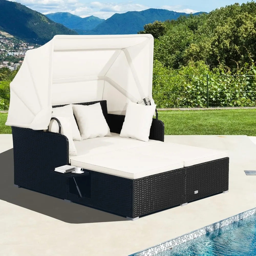 Patio Rattan Daybed Wicker Lounger With Retractable Canopy Cushions