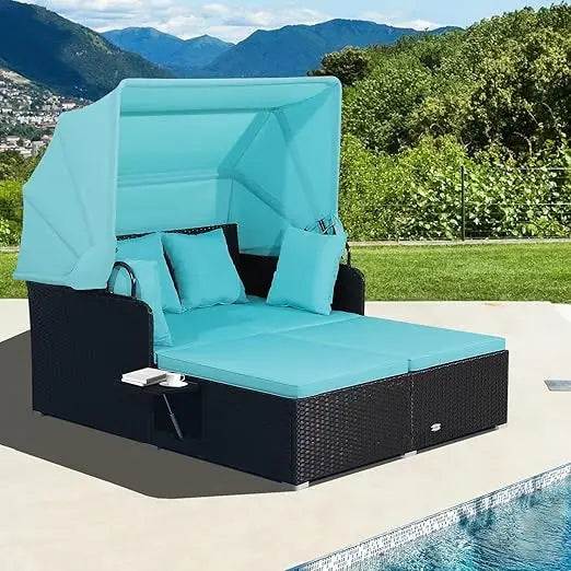 Patio Rattan Daybed Wicker Lounger With Retractable Canopy Cushions