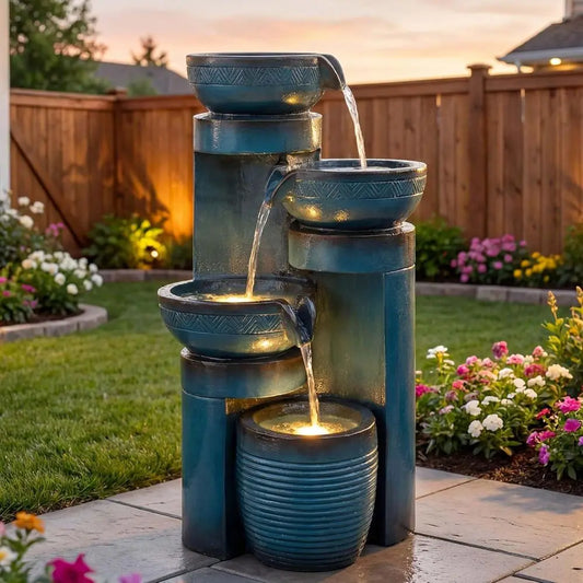 4-Tier Cascading Pedestal Outdoor Water Fountain With LED Lights