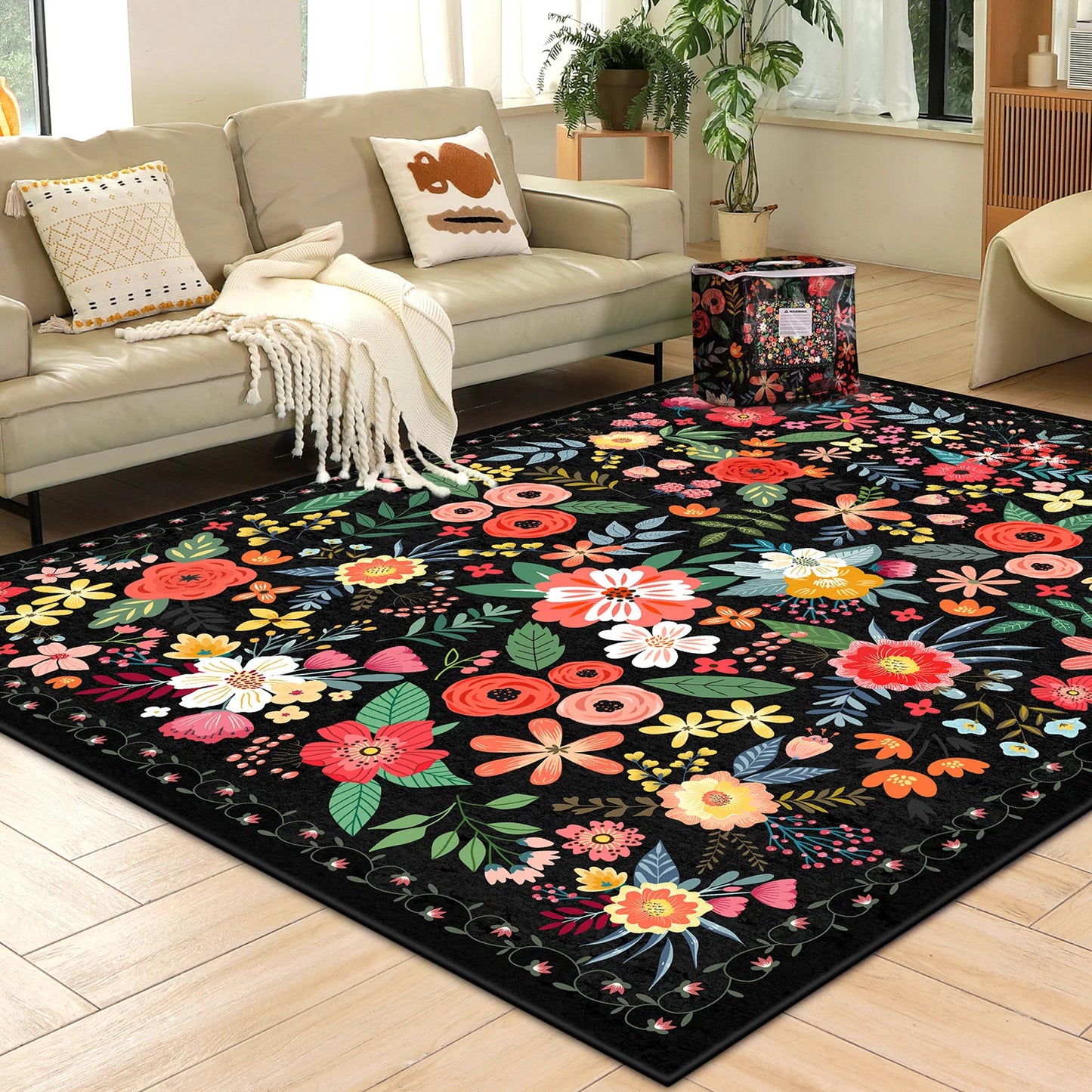 Boho Floral Indoor Rug Washable Non Slip Low Pile Carpet Pet Friendly