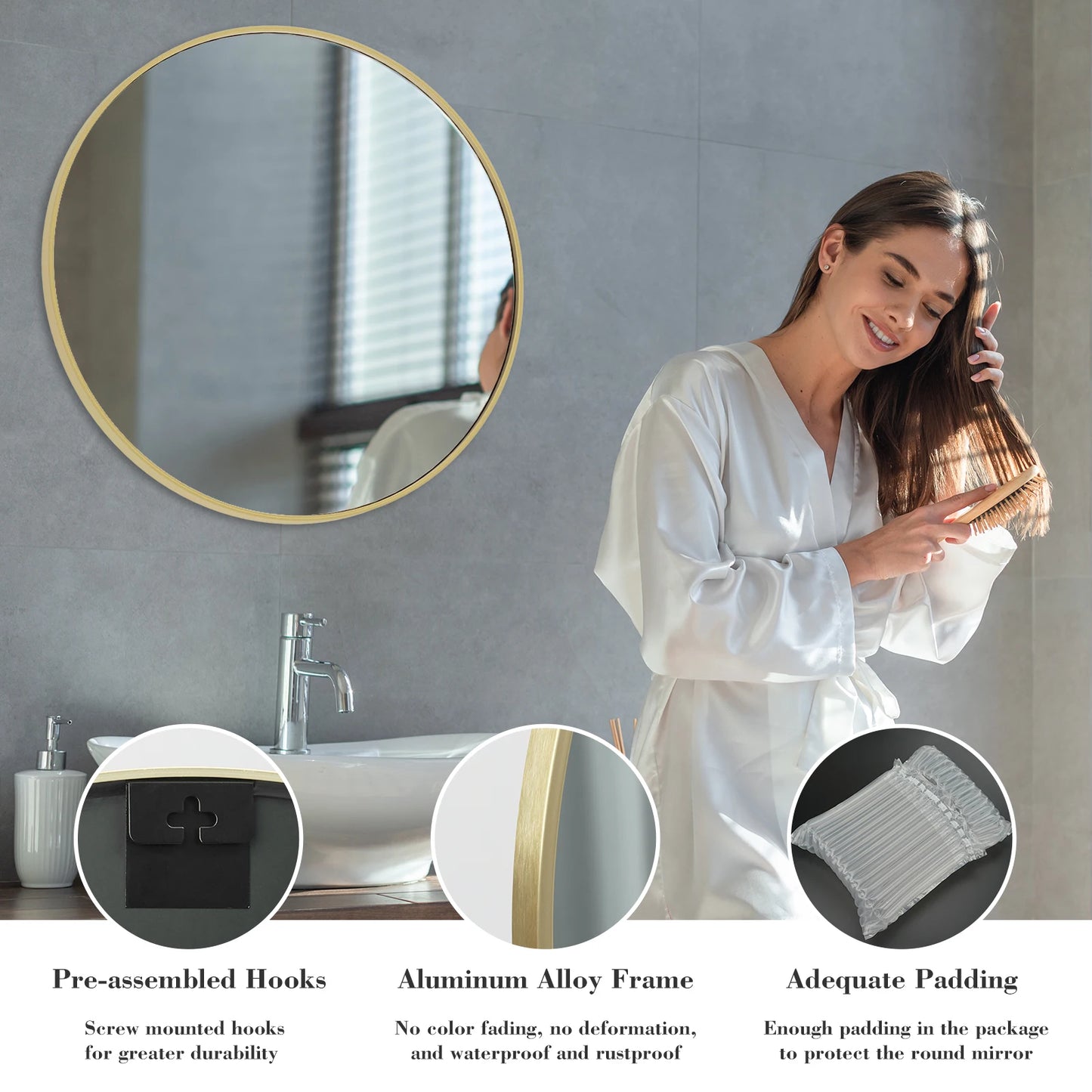JHK Round Vanity Mirror With Matte Metal Frame For Wall