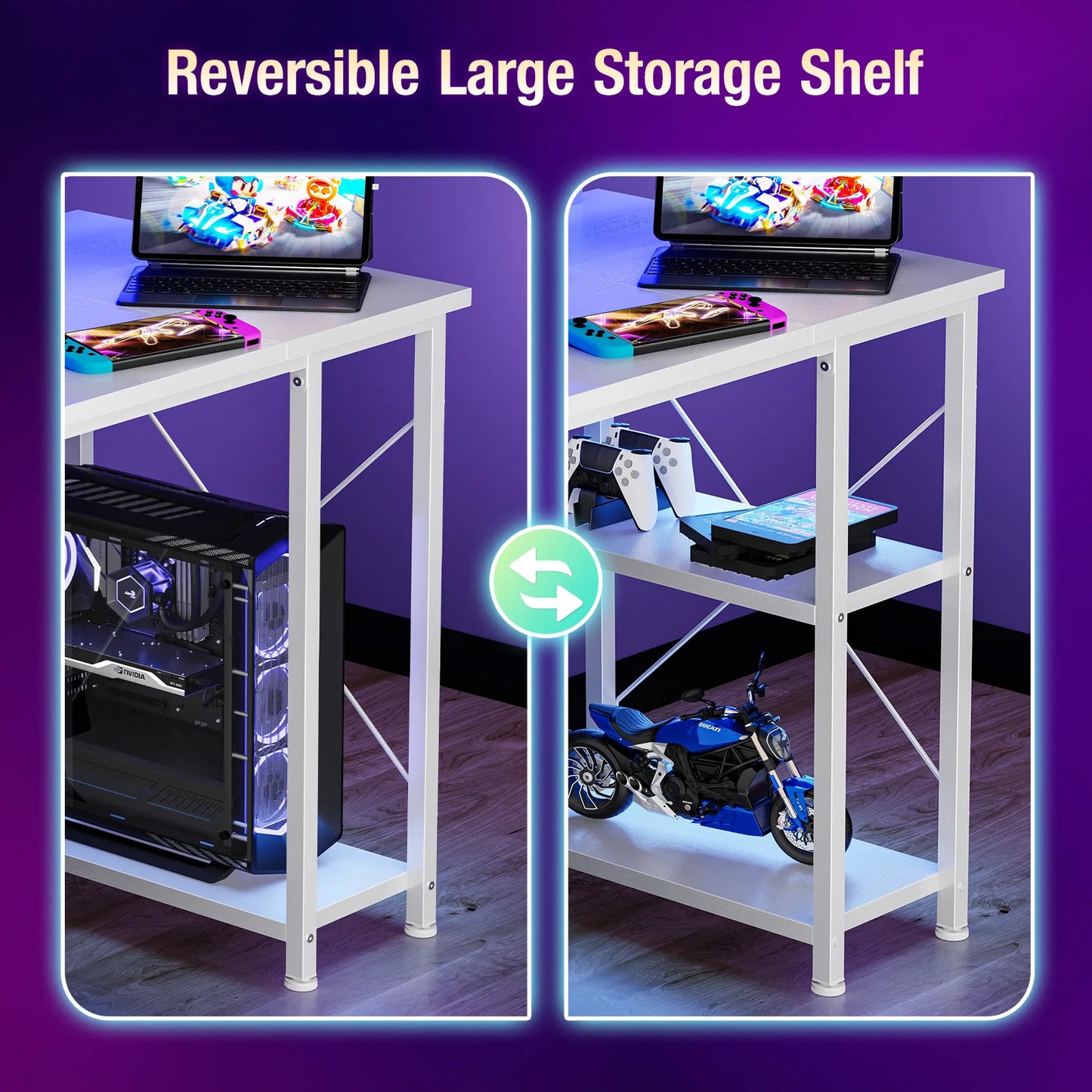 JHK Computer Desk With Shelves, Drawers, LED Lights, Power Outlets