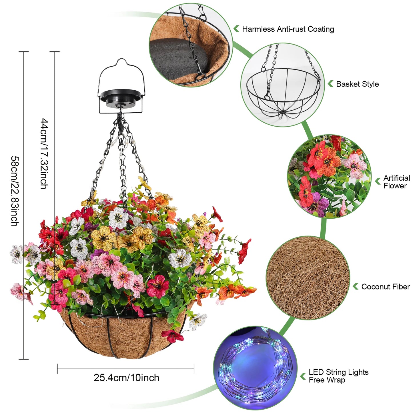 Solar-Powered Hanging Flower Basket Lights RGB Copper Wire