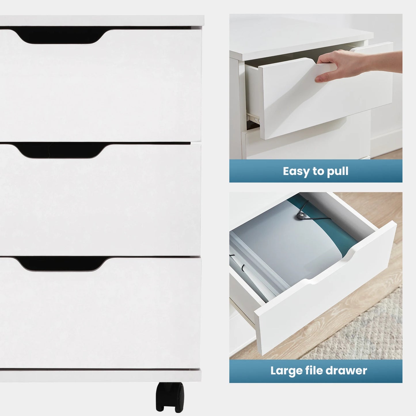 Farini 3-Drawer Under Desk Wooden File Cabinet with Lockable Caster Storage Cabinets for Home Office,White,Required Assembly