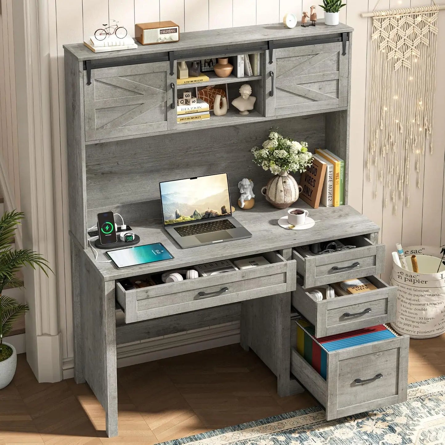 Executive Desk Hutch with LED Light 5 Drawers Charging Station