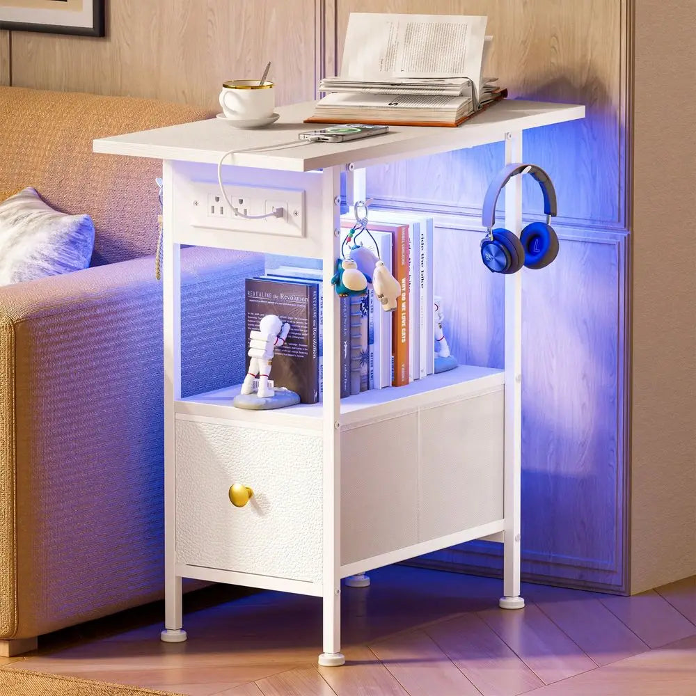 Cloth Shaft Cabinet, White Leather, Two-Story Open-Plan Storage Table, One Drawer, Small Space, Can Be Placed Next To The Sofa