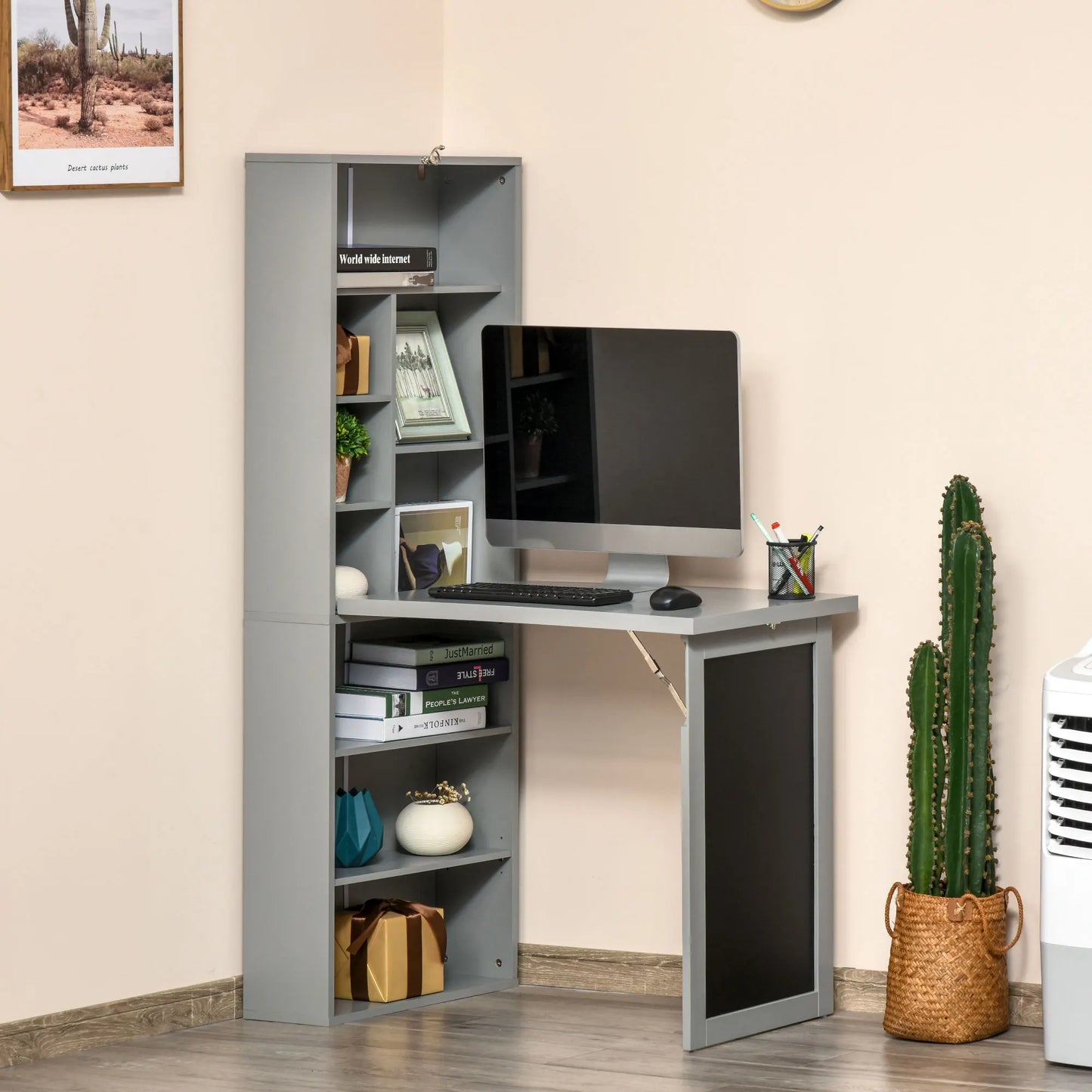 HOMCOM Fold-Out Convertible Office Desk With Blackboard And Side Shelf