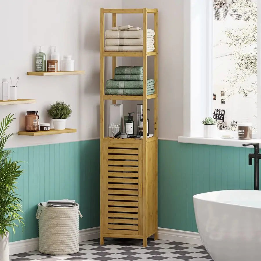 Tall Slim Storage Cabinet With Shutter Door 3 Tier Shelves