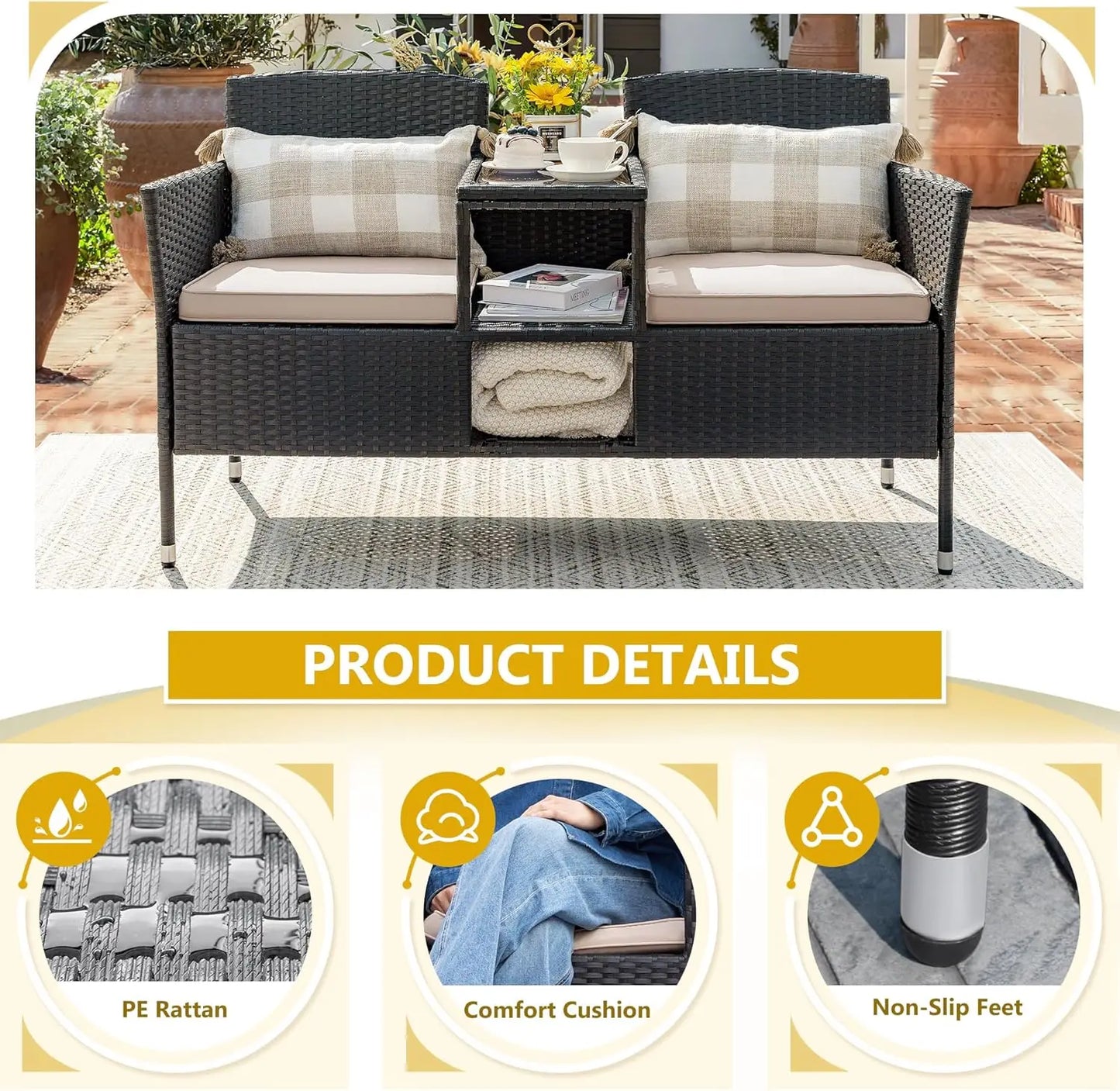 Outdoor Patio Loveseat Modern Rattan Two Seat Conversation Set With Cushions