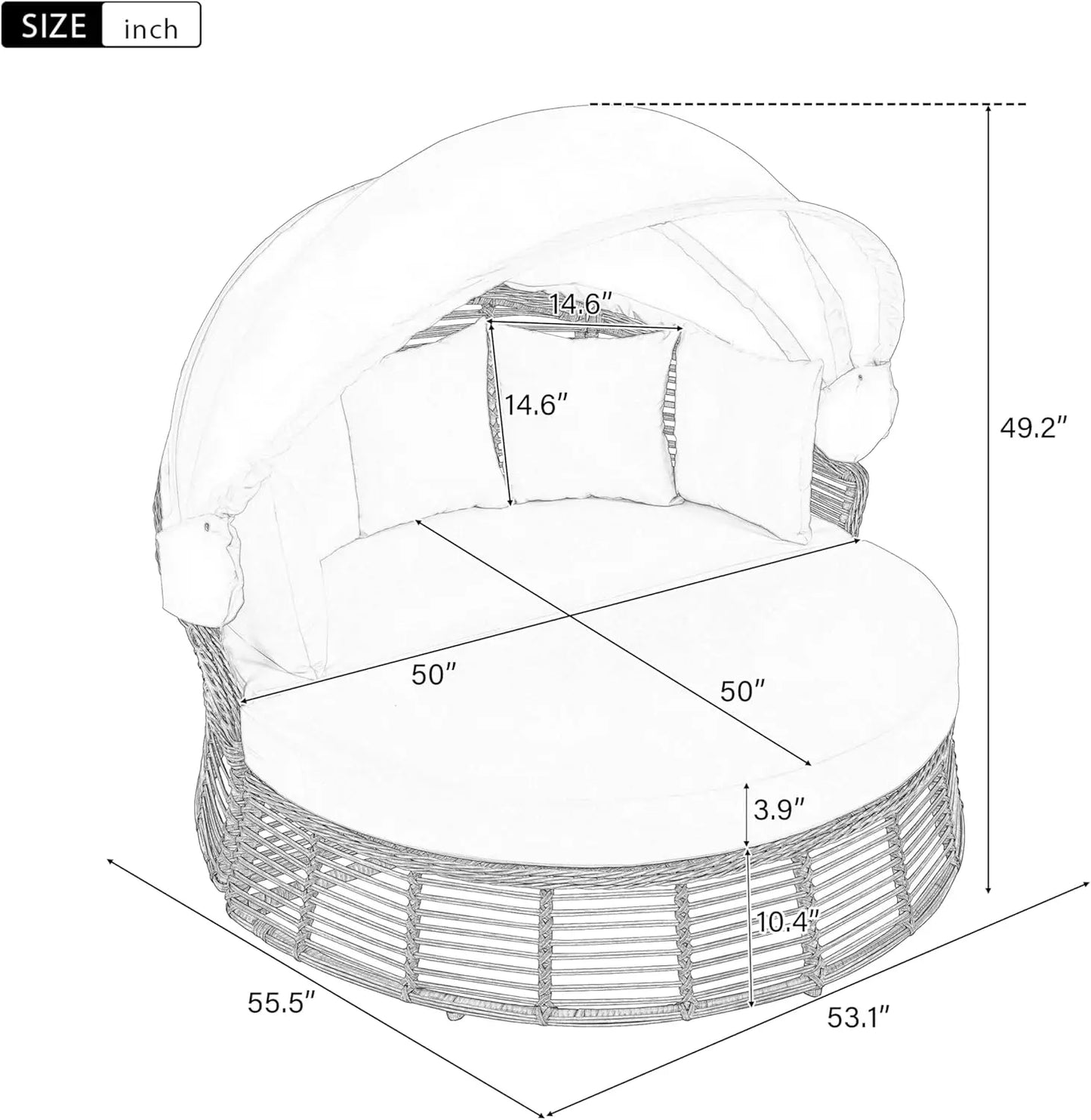 Outdoor Patio Rattan Round Daybed With Retractable Canopy Sunbed